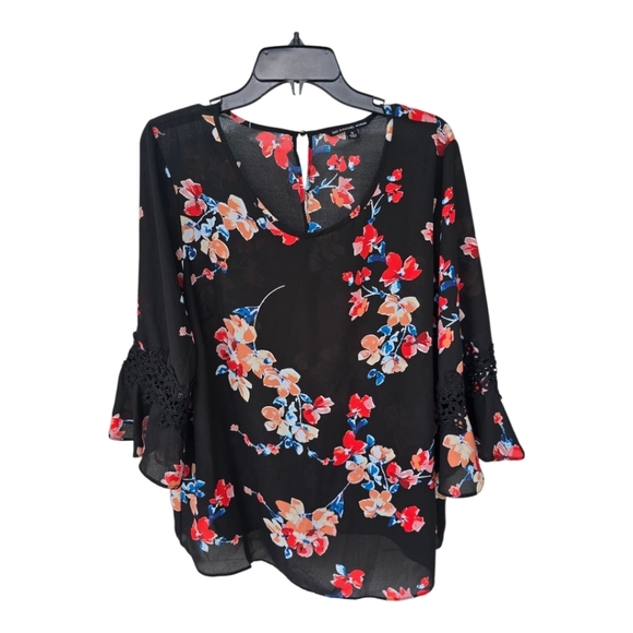 Zac & Rachel Floral Tunic Blouse 1X Plua Black Red Blue Lace Trim Flare Sleeves - Picture 2 of 15